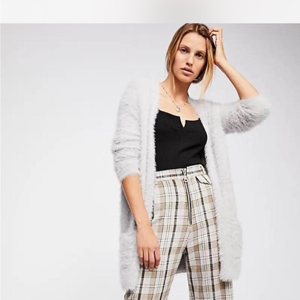Free People long sleeve faux fur open front cardigan pockets silver‎ cloud small
